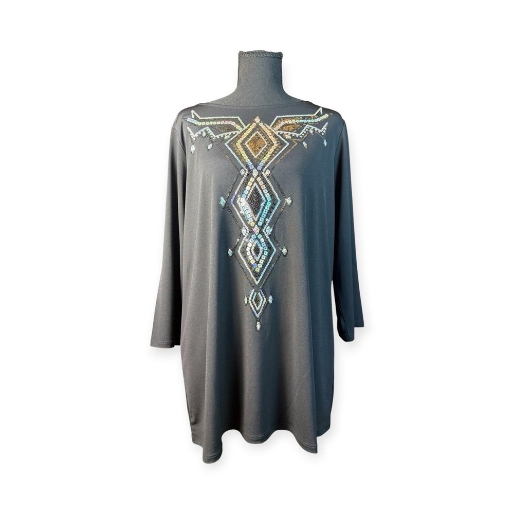 Bob Mackie Black Sequin Geometric Tunic Top Women's M 3/4 Sleeve
